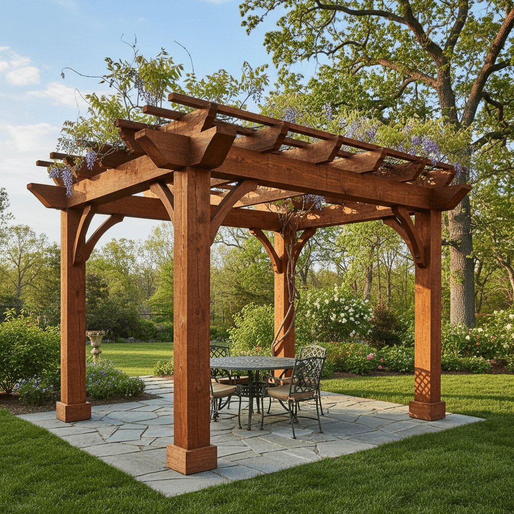 Stained pergola with protective finish