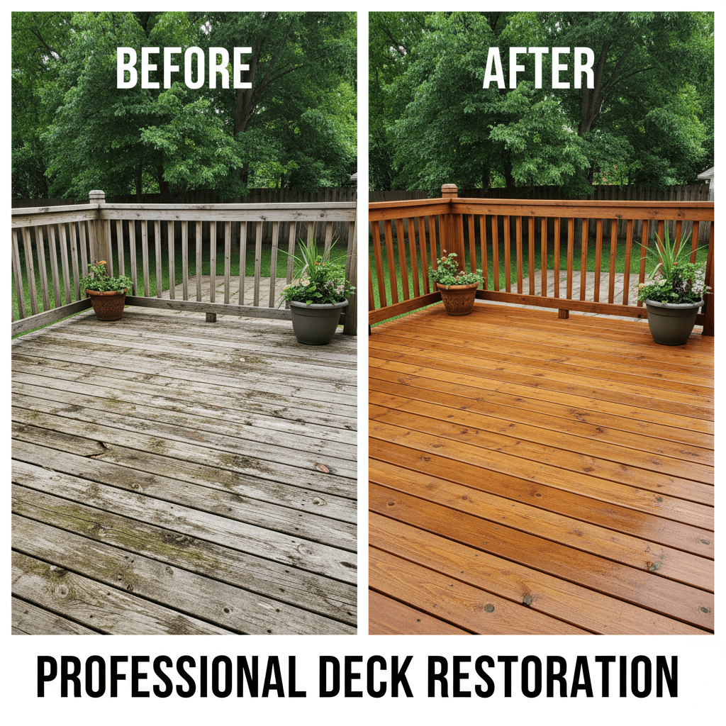 Before and after deck restoration showing transformation from aged gray wood to rich stained finish