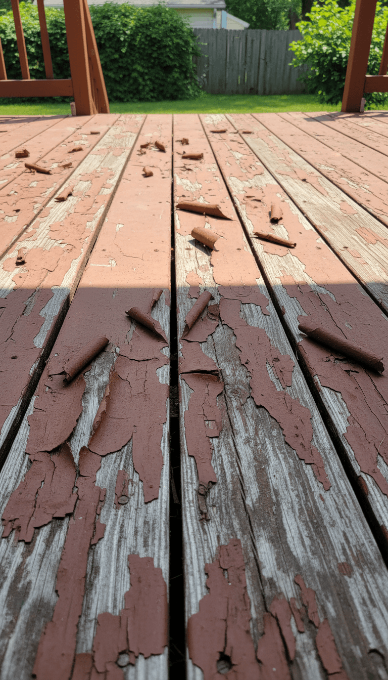 Close-up of an old deck with peeling solid stains illustrating deterioration